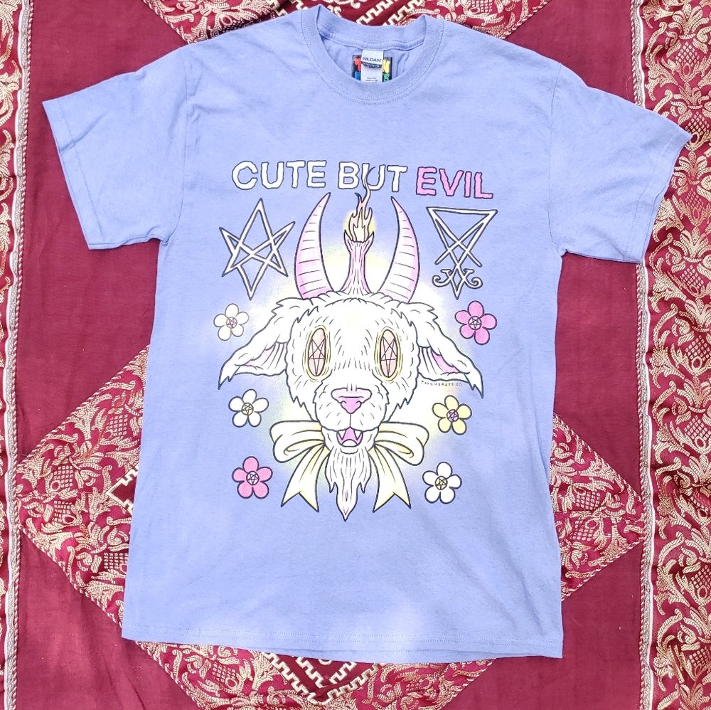 Purple Short Sleeve Tee with Baphomet Design Cute But Evil